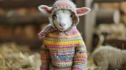 Wall Mural - A young lamb playing in a charming pullover and hat