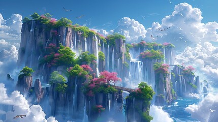 Wall Mural - Magical floating islands with cascading waterfalls, connected by wooden bridges, covered in lush vegetation and blooming flowers, mystical creatures soaring above, clear blue sky with fluffy clouds,