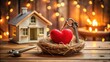 © Adisorn - Cozy tiny house kitchen with Valentine's Day decorations, featuring a small key, symbolizing a new love nest and a dream home for a loving family.