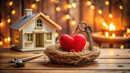 Cozy tiny house kitchen with Valentine's Day decorations, featuring a small key, symbolizing a new love nest and a dream home for a loving family.