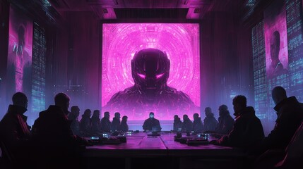 Poster - Silhouetted figures gathered around a table, with a large screen displaying a humanoid figure in a purple glow.