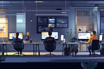 A modern tech startups office with employees coding, designing, and holding video calls in different work zones