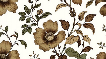 Flowers and leaves in brown and green on white background. Suitable for botanical prints, invitations, and naturethemed designs.