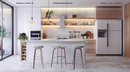 Clean and modern kitchen interior, Scandinavian design, natural materials and soft lighting, no people