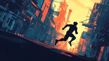 Poster - A Silhouetted Figure Running Through a Futuristic Cityscape