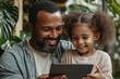 © Just Bella - Closeup portrait of happy smiling dad and daughter watching video on tablet, Generative AI