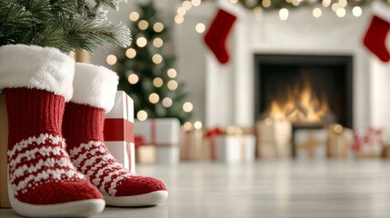 Wall Mural - Christmas socks on the background of a Christmas tree, gifts and a fireplace