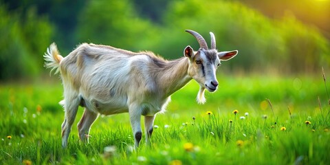 Goat grazing in a lush green meadow, goat, livestock, animal, meadow, green, nature, farm, rural, countryside, grass