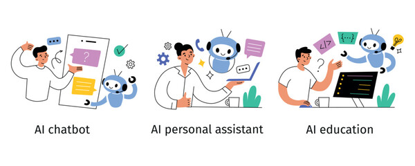 Poster - Set of vector illustrations with people using AI chatbot, personal assistant, and artificial intelligence education tools. Flat cartoon style, human interaction with robotics technology, innovations