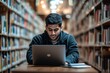 © Just Bella - Young Indian male student wearing headset talking to camera sitting in library, Generative AI
