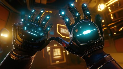 Poster - Futuristic Gloves with Illuminated Fingers and Display