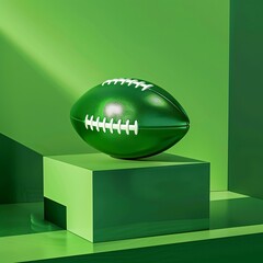 an american football themed podium that can hold an object, in a photorealism style, epic sport look, strong colours of green included, vibrant colouring, ferrania,generative ai