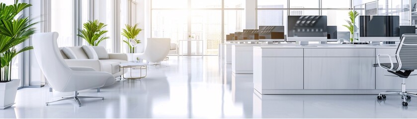 Poster - a high-resolution photo of a clean and modern office interior with large windows, soft lighting,