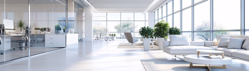 Poster - A high-resolution photo of a clean and modern office interior with large windows, soft lighting,