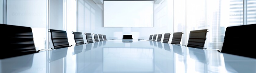 Poster - a high-resolution photo of a business meeting in a clean, modern conference room with a large screen
