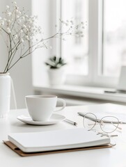 Poster - A high-resolution photo of a clean and modern office workspace with a laptop and notepad, soft natural light,