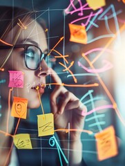 A high-resolution photo of a business team brainstorming with sticky notes on a clean whiteboard, bright and creative,