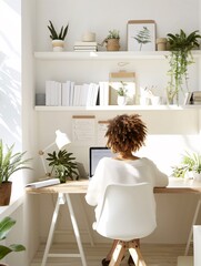 Poster - a high-resolution photo of a young professional working remotely from a clean, stylish home office, 