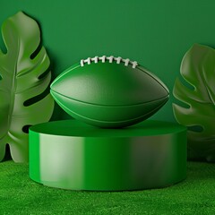 an american football themed podium that can hold an object, in a photorealism style, epic sport look, strong colours of green included, vibrant colouring, ferrania,generative ai