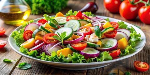 Fresh and crisp salad with a variety of colorful vegetables, healthy, food, salad, fresh, vegetables, ingredients, organic, green