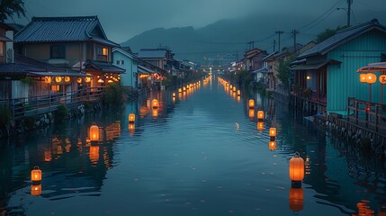 Sticker - A beautiful photograph of Otaru canals at dusk, glowing lanterns reflecting on the water, warm evening light, traditional architecture along the canals, serene and tranquil ambiance, high detail,