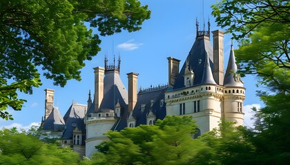 Wall Mural - The classic-style castle-style building, with blue sky and green trees in the background, displays its unique historical charm.