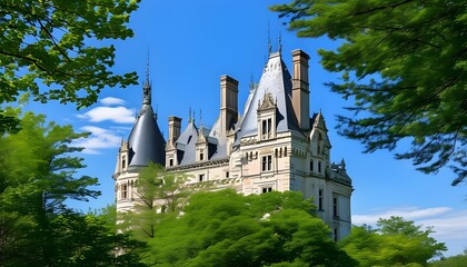 Wall Mural - The classic-style castle-style building, with blue sky and green trees in the background, displays its unique historical charm.