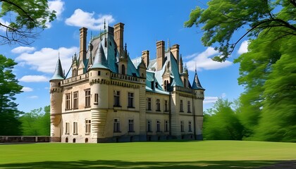 Wall Mural - The classic-style castle-style building, with blue sky and green trees in the background, displays its unique historical charm.