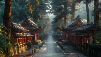 Sticker - A picturesque image of Nikko’s historic temples, ancient architecture enveloped by towering cedars, soft evening light casting warm shadows, serene and peaceful atmosphere, rich colors, hd quality,