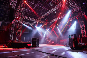 Live stage production setup with rigging equipment and lighting trusses in a central stage venue