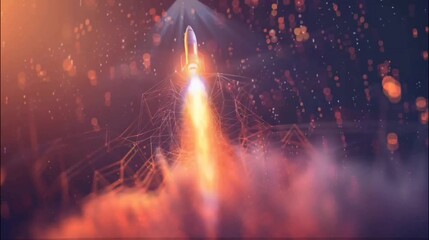 Wall Mural - Futuristic rocket launching into space with neon pink and purple effects. Seamless loop video background