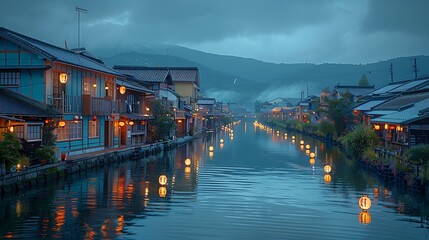 Sticker - A picturesque scene of Otaru canals at dusk, lanterns glowing softly, traditional buildings illuminated by warm light, reflections dancing on the water, tranquil and serene atmosphere, rich colors,