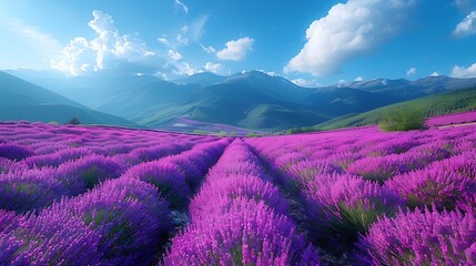 Sticker - A picturesque scene of the lavender fields of Furano, Hokkaido, rows of vibrant purple flowers under a clear blue sky, soft light creating a tranquil atmosphere, rich colors, detailed textures,