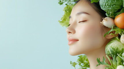 Side view portrait of a beautiful Asian woman with vegetables surrounding her face and head, healthy lifestyle. Isolated on a clean background, wellness, natural beauty, and plant-based living.