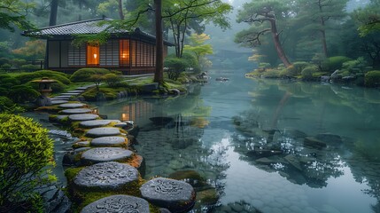 Wall Mural - A tranquil scene of Kenrokuen Garden in Kanazawa, tranquil pond surrounded by lush greenery and traditional stone paths, warm evening light creating a serene ambiance, rich details, hd quality,