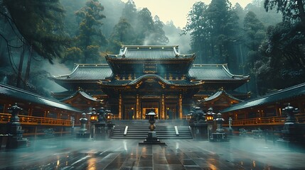 Sticker - A tranquil scene of Nikko temples, surrounded by towering cedars, warm evening light illuminating the architecture, serene and peaceful setting, detailed and vivid, hd quality, natural look.