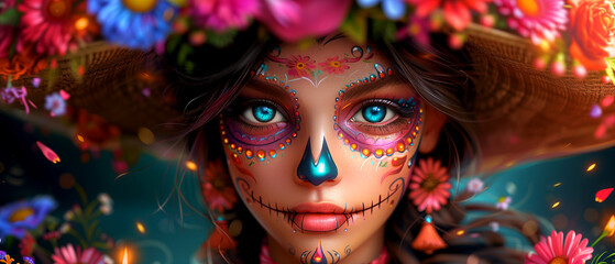 Wall Mural - A woman with a flowery hat and a blue eye is wearing a skull mask. The image is colorful and lively, with a festive and celebratory mood