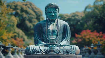 Wall Mural - A tranquil scene of the Great Buddha of Kamakura, surrounded by vibrant green trees, warm afternoon light creating a peaceful atmosphere, rich details, hd quality, natural look. --ar 16:9 --v 6.0