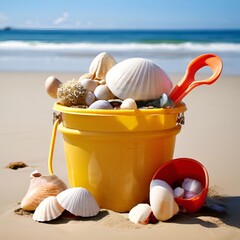 Canvas Print - toy-bucket-and-shovel-with-sand-and-seashells