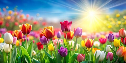 Vibrant spring and Easter background featuring colorful tulips in a sunny meadow