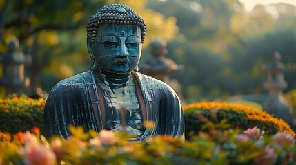 Sticker - A vibrant view of the Great Buddha of Kamakura, lush greenery framing the statue, soft morning light casting gentle shadows, serene and tranquil setting, vivid colors, hd quality, natural look.