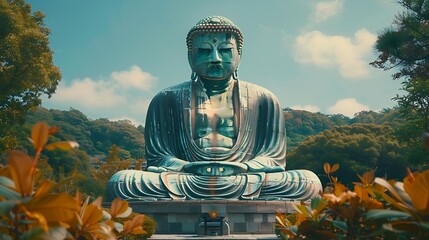 Wall Mural - A vibrant view of the Great Buddha of Kamakura, lush greenery framing the statue, soft morning light casting gentle shadows, serene and tranquil setting, vivid colors, hd quality, natural look.