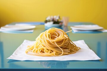 raw spaghetti on napkin and on a table on yellow background