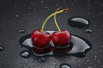 Wall Mural - Red Cherry with Water Drops, on dark background