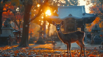 Poster - A beautiful photograph of Nara Park, deer roaming around ancient temples, warm sunlight highlighting the scene, peaceful and serene atmosphere, rich colors, detailed textures, hd quality,