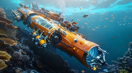 Wall Mural - An fully underwater vehicle with focused machinery journeying a marine environment