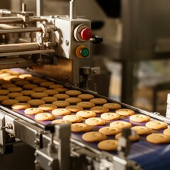 Bakery cookies production line with red jam under sunlight Biscuit industry manufacturing process on conveyor belt