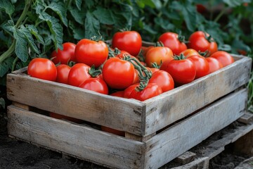 Wall Mural - Wooden crate overflowing with freshly picked red tomatoes