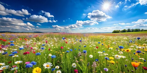 A beautiful endless meadow with blooming wildflowers under a clear blue sky