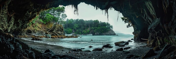 Wall Mural - Natural forest scenery viewed from a shadowy coastal cave encircled by weathered rocky structures.